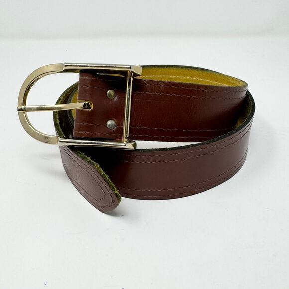 Brown Leather Top Grain Cowhide Belt Gold Tone Buckle Women's Size 26 to 30 - Picture 2 of 11